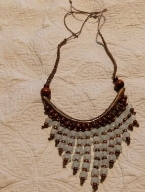 Source Unknown Brown and Pale Blue Beaded Fringe Necklace